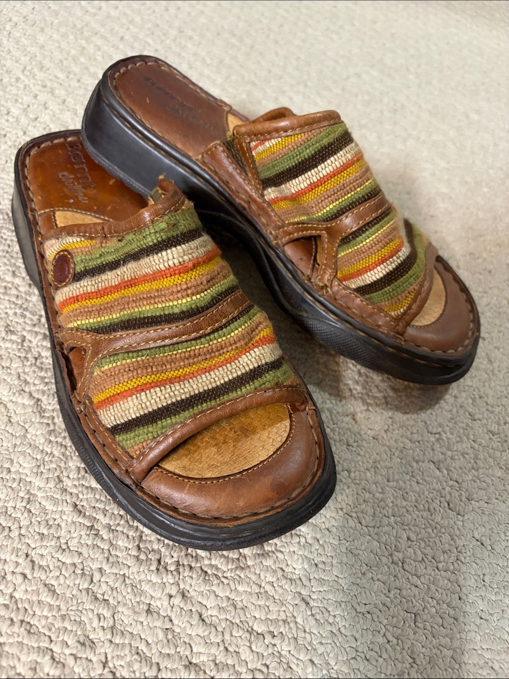 Born women’s Multi-Stripe Leather Slide Sandals in Brown, Green, Orange